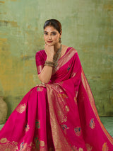 Nayoora Fuchsia Pink Banarasi Silk Saree with Zari Peacock Motifs