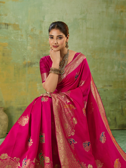 Nayoora Fuchsia Pink Banarasi Silk Saree with Zari Peacock Motifs