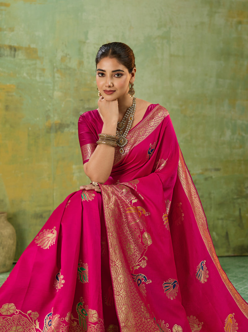 Nayoora Fuchsia Pink Banarasi Silk Saree with Zari Peacock Motifs
