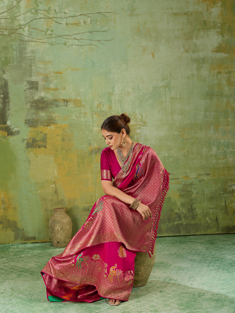 Nayoora Fuchsia Pink Banarasi Silk Saree with Zari Peacock Motifs