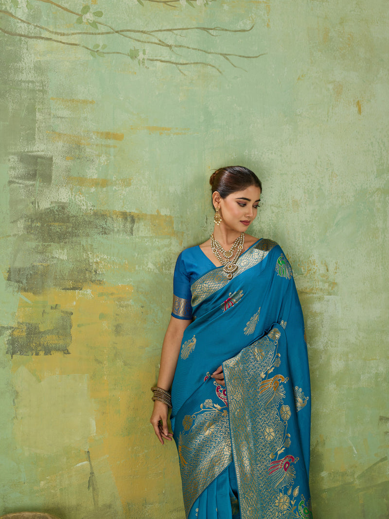 Nayoora Peacock Blue Banarasi Silk Saree with Tri-Minakari Zari Weaving