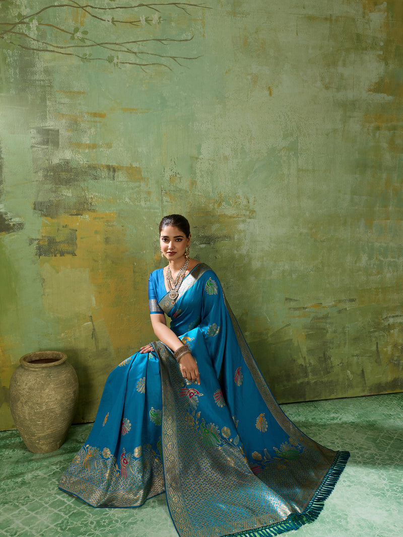 Nayoora Peacock Blue Banarasi Silk Saree with Tri-Minakari Zari Weaving
