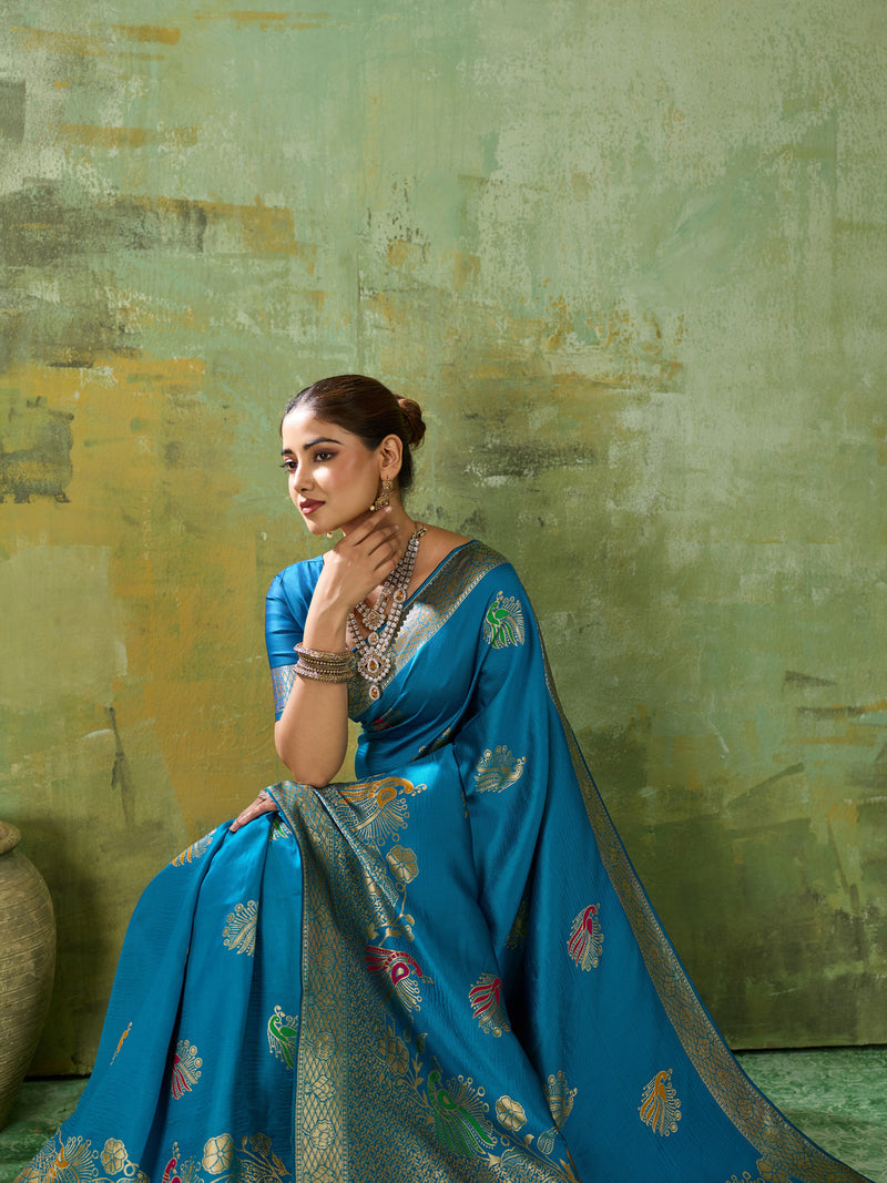 Nayoora Peacock Blue Banarasi Silk Saree with Tri-Minakari Zari Weaving
