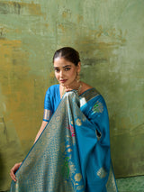 Nayoora Peacock Blue Banarasi Silk Saree with Tri-Minakari Zari Weaving