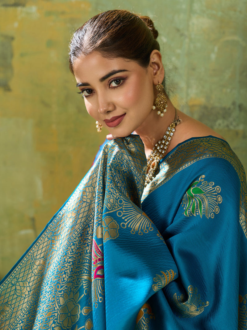 Nayoora Peacock Blue Banarasi Silk Saree with Tri-Minakari Zari Weaving