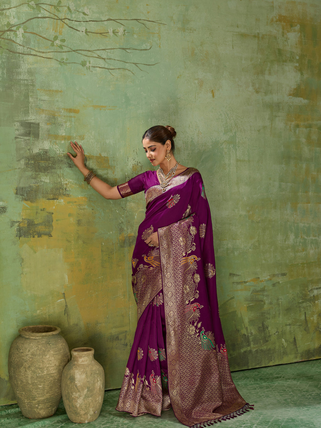 Nayoora Regal Purple Peacock Zari Banarasi Silk Saree