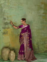 Nayoora Regal Purple Peacock Zari Banarasi Silk Saree