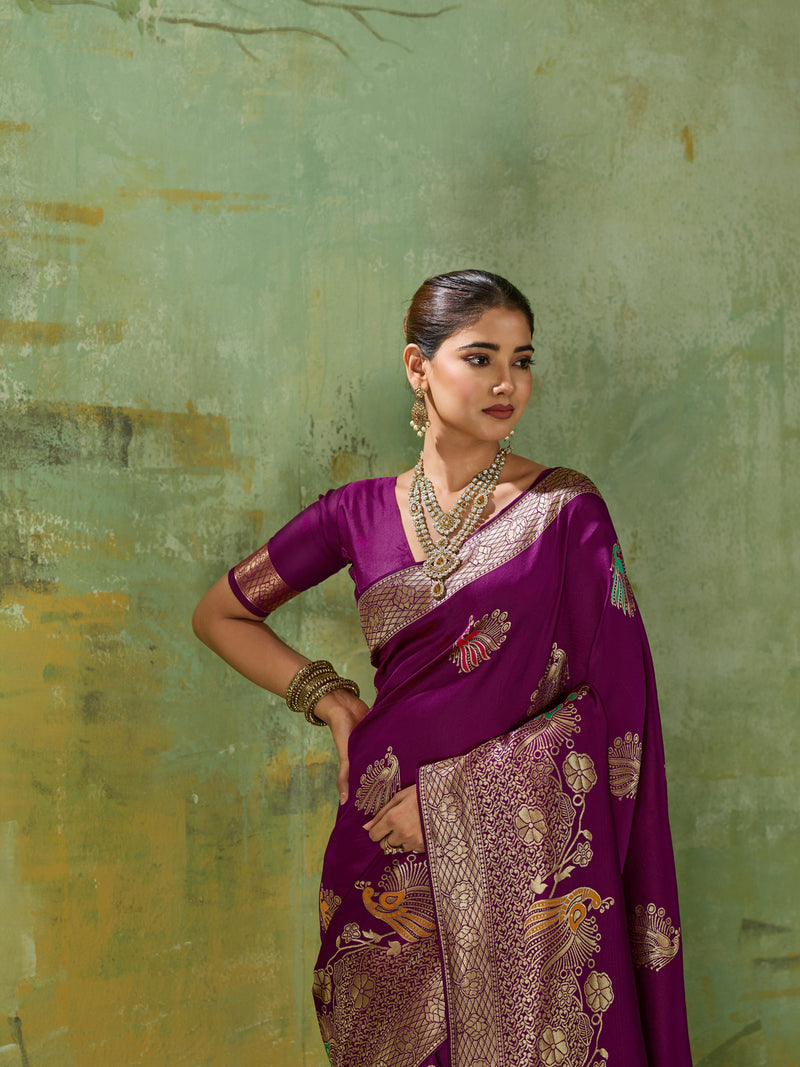 Nayoora Regal Purple Peacock Zari Banarasi Silk Saree