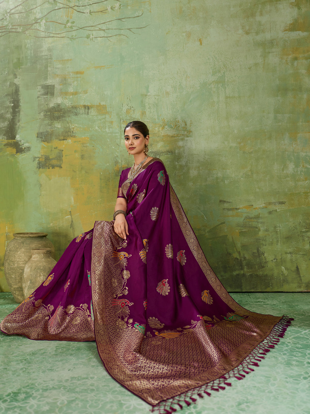Nayoora Regal Purple Peacock Zari Banarasi Silk Saree