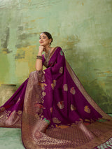 Nayoora Regal Purple Peacock Zari Banarasi Silk Saree