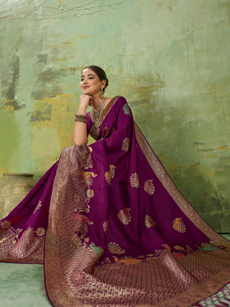 Nayoora Regal Purple Peacock Zari Banarasi Silk Saree