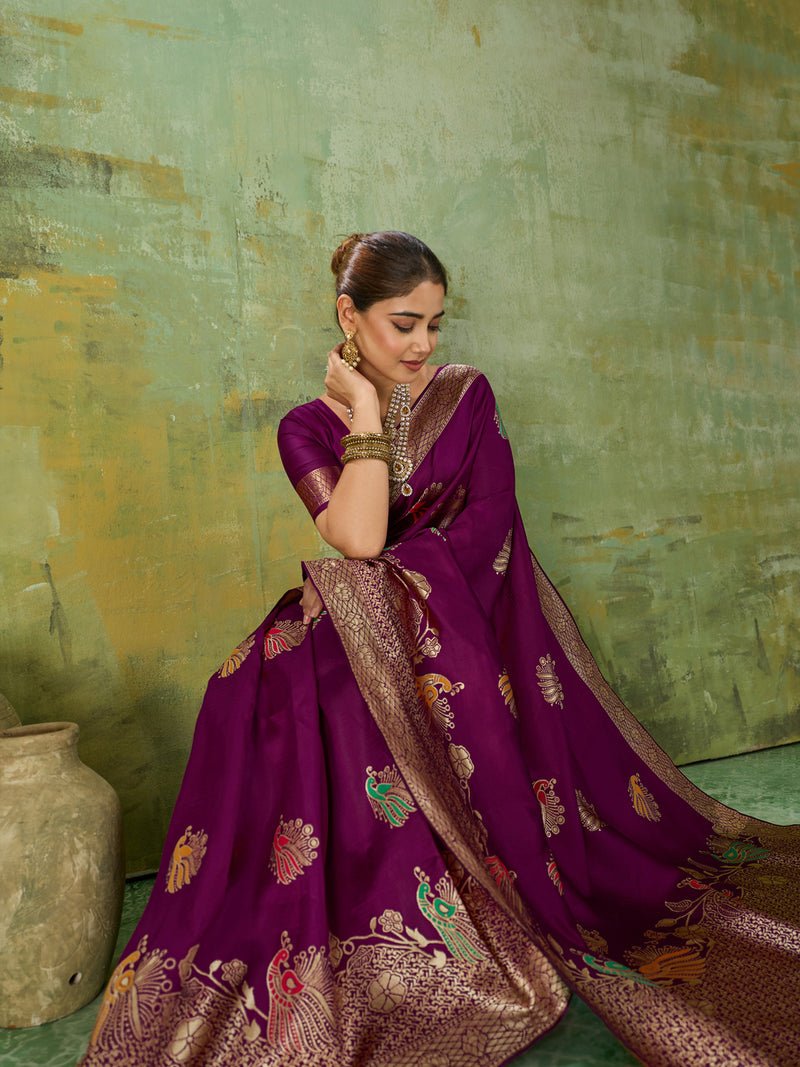 Nayoora Regal Purple Peacock Zari Banarasi Silk Saree