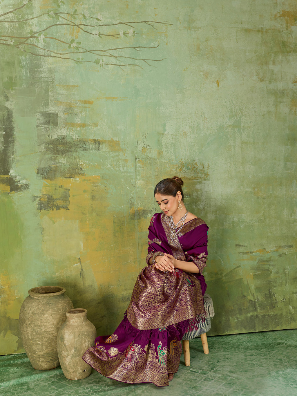 Nayoora Regal Purple Peacock Zari Banarasi Silk Saree