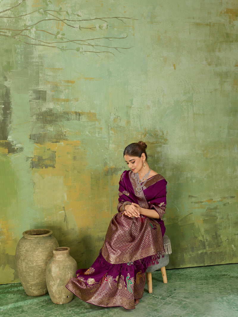 Nayoora Regal Purple Peacock Zari Banarasi Silk Saree