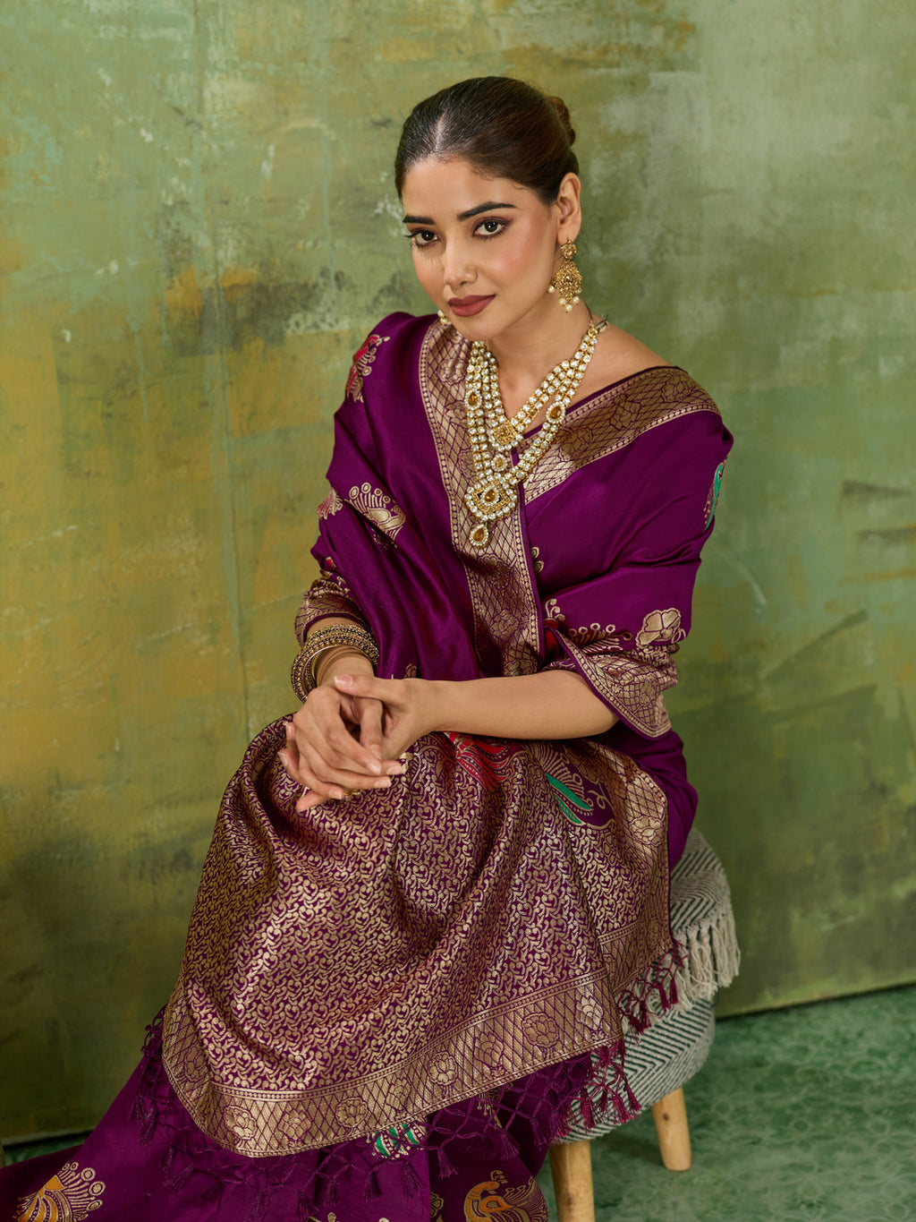 Nayoora Regal Purple Peacock Zari Banarasi Silk Saree
