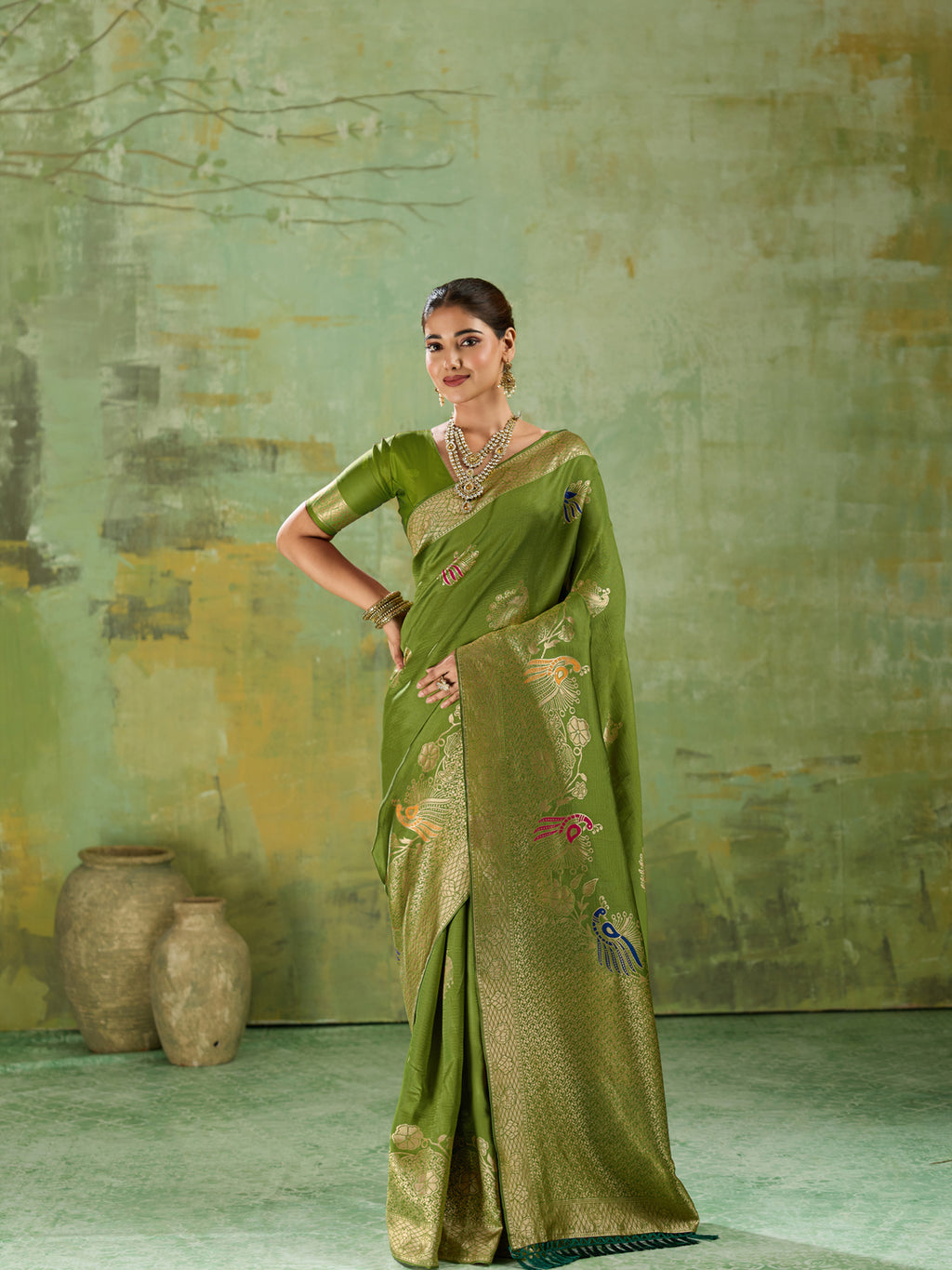Nayoora Luxe Olive Green Banarasi Silk Saree with Peacock Zari Weave