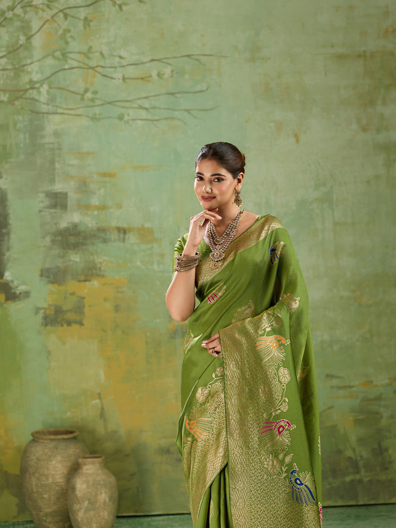 Nayoora Luxe Olive Green Banarasi Silk Saree with Peacock Zari Weave