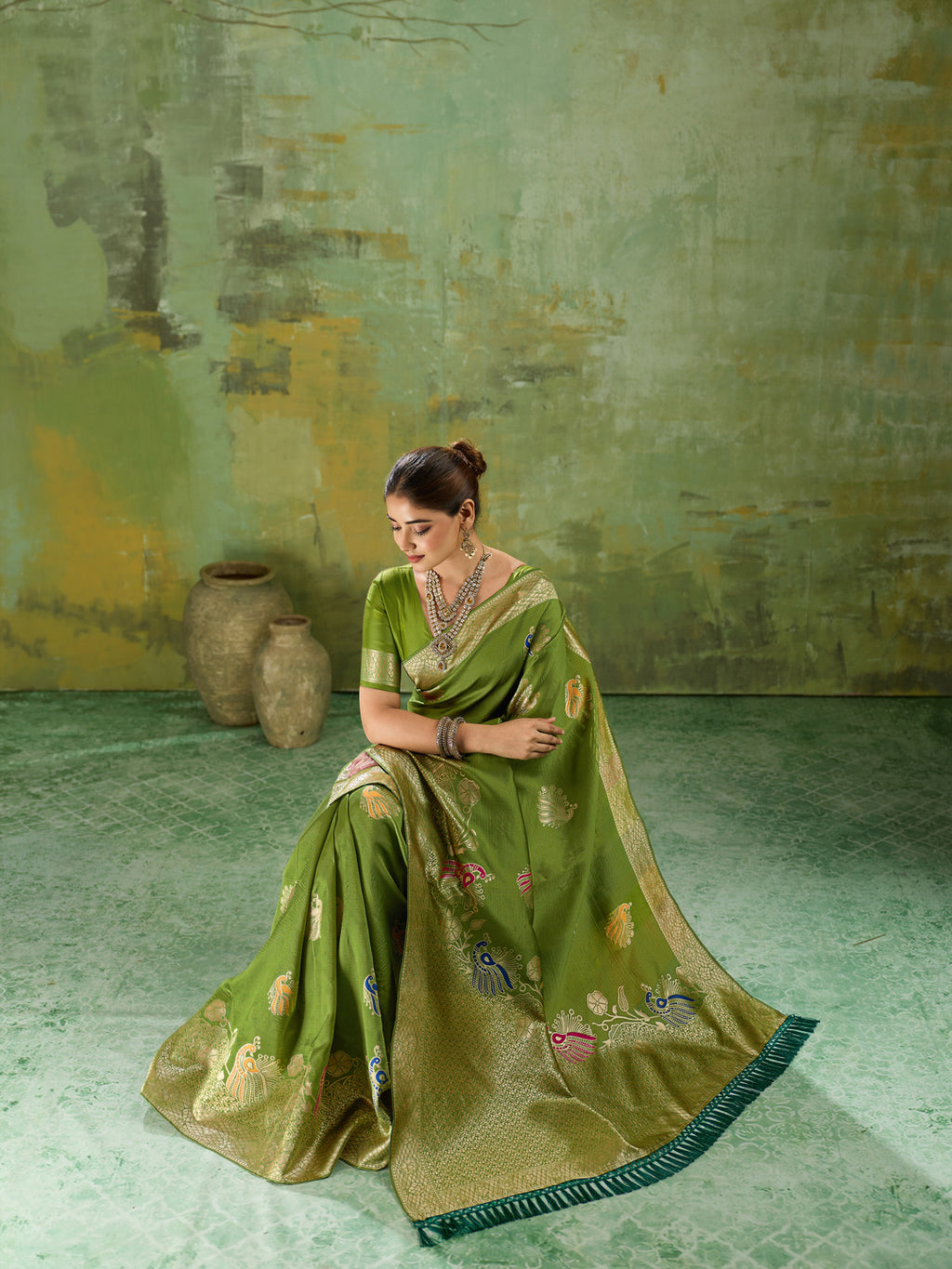 Nayoora Luxe Olive Green Banarasi Silk Saree with Peacock Zari Weave