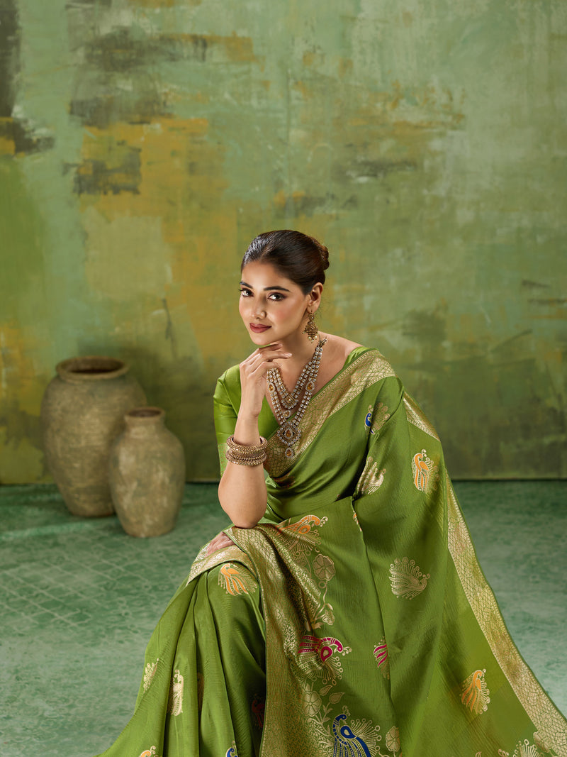 Nayoora Luxe Olive Green Banarasi Silk Saree with Peacock Zari Weave