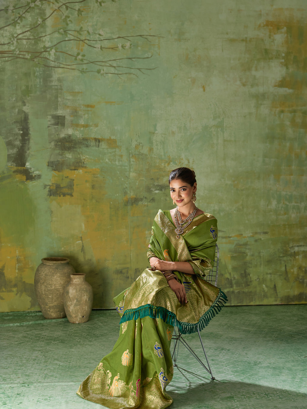 Nayoora Luxe Olive Green Banarasi Silk Saree with Peacock Zari Weave