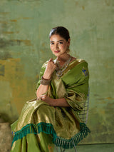 Nayoora Luxe Olive Green Banarasi Silk Saree with Peacock Zari Weave