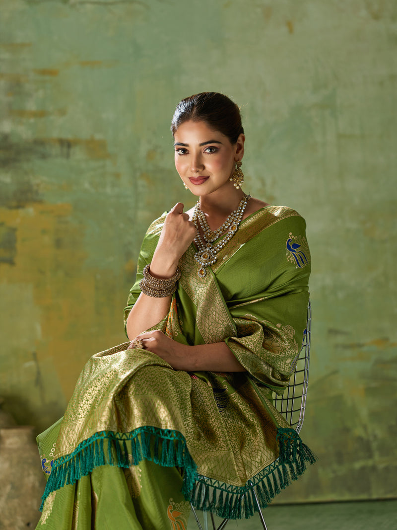 Nayoora Luxe Olive Green Banarasi Silk Saree with Peacock Zari Weave