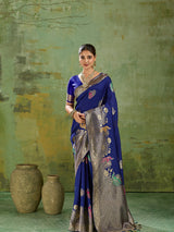 Nayoora Royal Blue Banarasi Silk Saree with Peacock Zari and Tri-Minakari Weave