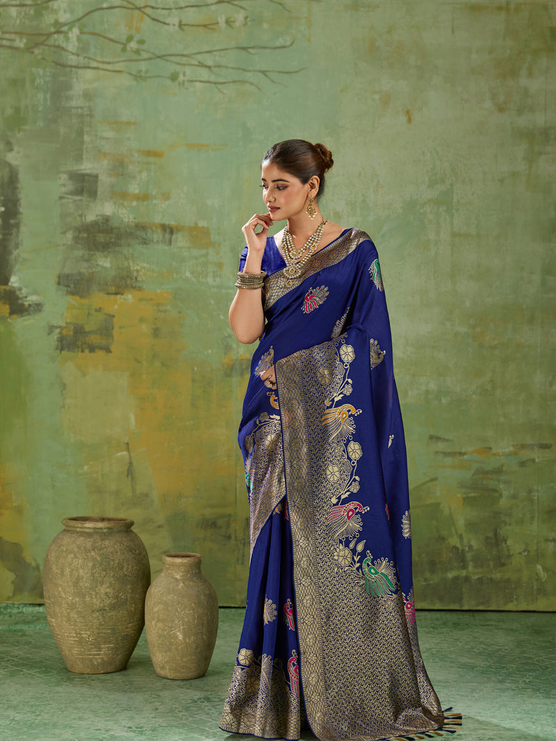 Nayoora Royal Blue Banarasi Silk Saree with Peacock Zari and Tri-Minakari Weave