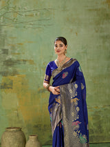Nayoora Royal Blue Banarasi Silk Saree with Peacock Zari and Tri-Minakari Weave