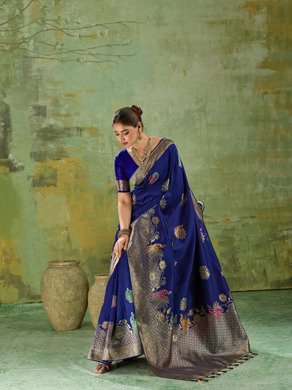 Nayoora Royal Blue Banarasi Silk Saree with Peacock Zari and Tri-Minakari Weave