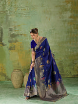 Nayoora Royal Blue Banarasi Silk Saree with Peacock Zari and Tri-Minakari Weave