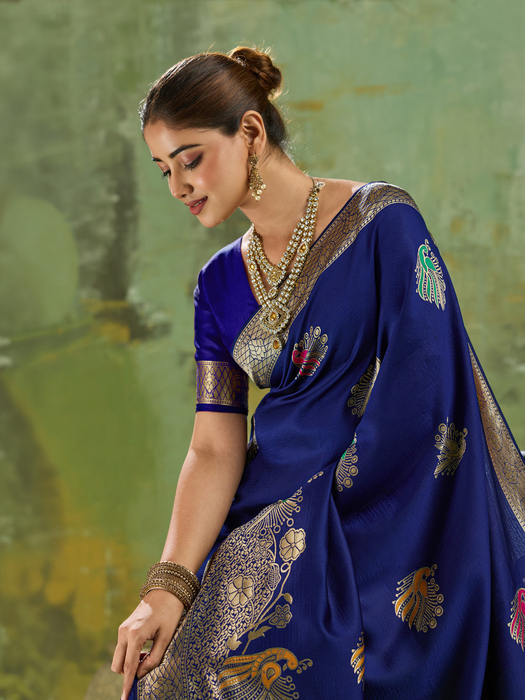 Nayoora Royal Blue Banarasi Silk Saree with Peacock Zari and Tri-Minakari Weave