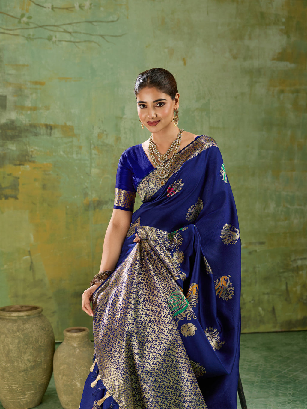Nayoora Royal Blue Banarasi Silk Saree with Peacock Zari and Tri-Minakari Weave