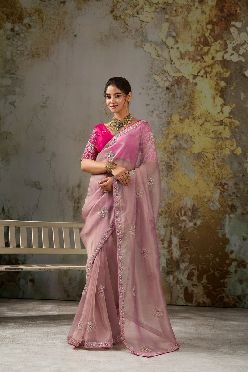 Nayoora Pink Metallic Tissue Pita Zari Embroidered Saree