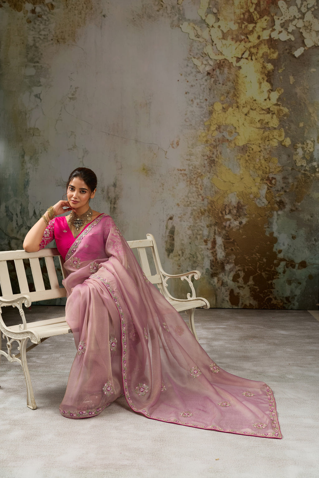 Nayoora Pink Metallic Tissue Pita Zari Embroidered Saree