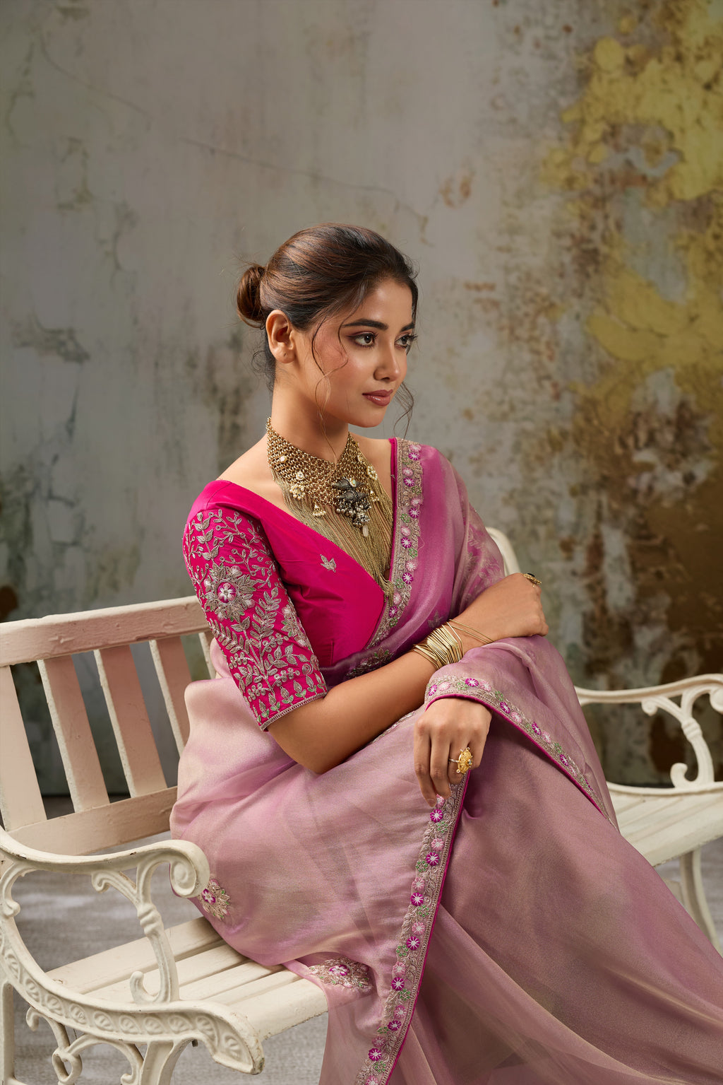 Nayoora Pink Metallic Tissue Pita Zari Embroidered Saree