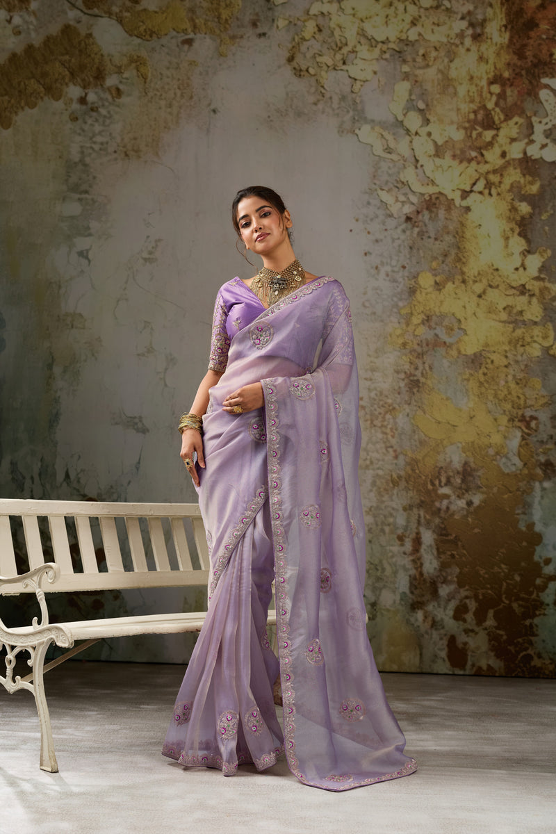 Nayoora Lavender Metallic Tissue Pita Zari Embroidered Saree