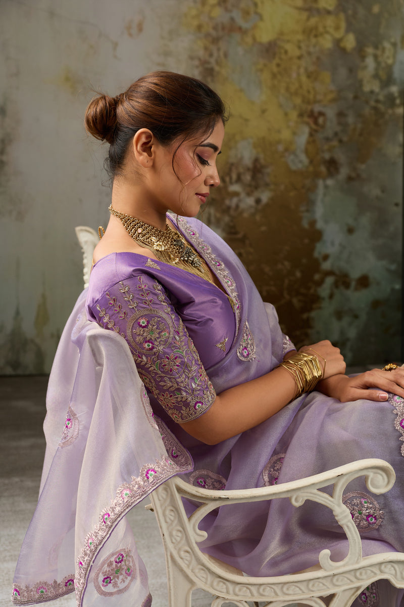 Nayoora Lavender Metallic Tissue Pita Zari Embroidered Saree