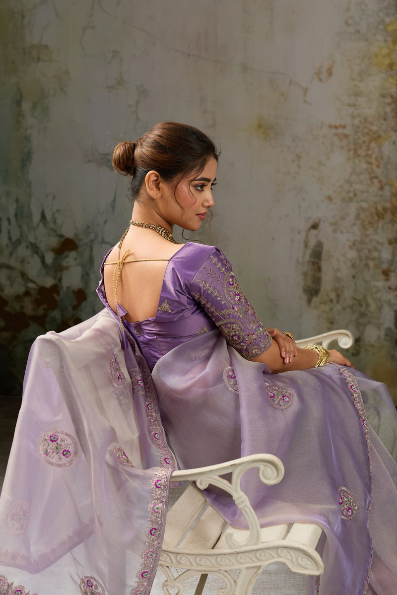 Nayoora Lavender Metallic Tissue Pita Zari Embroidered Saree