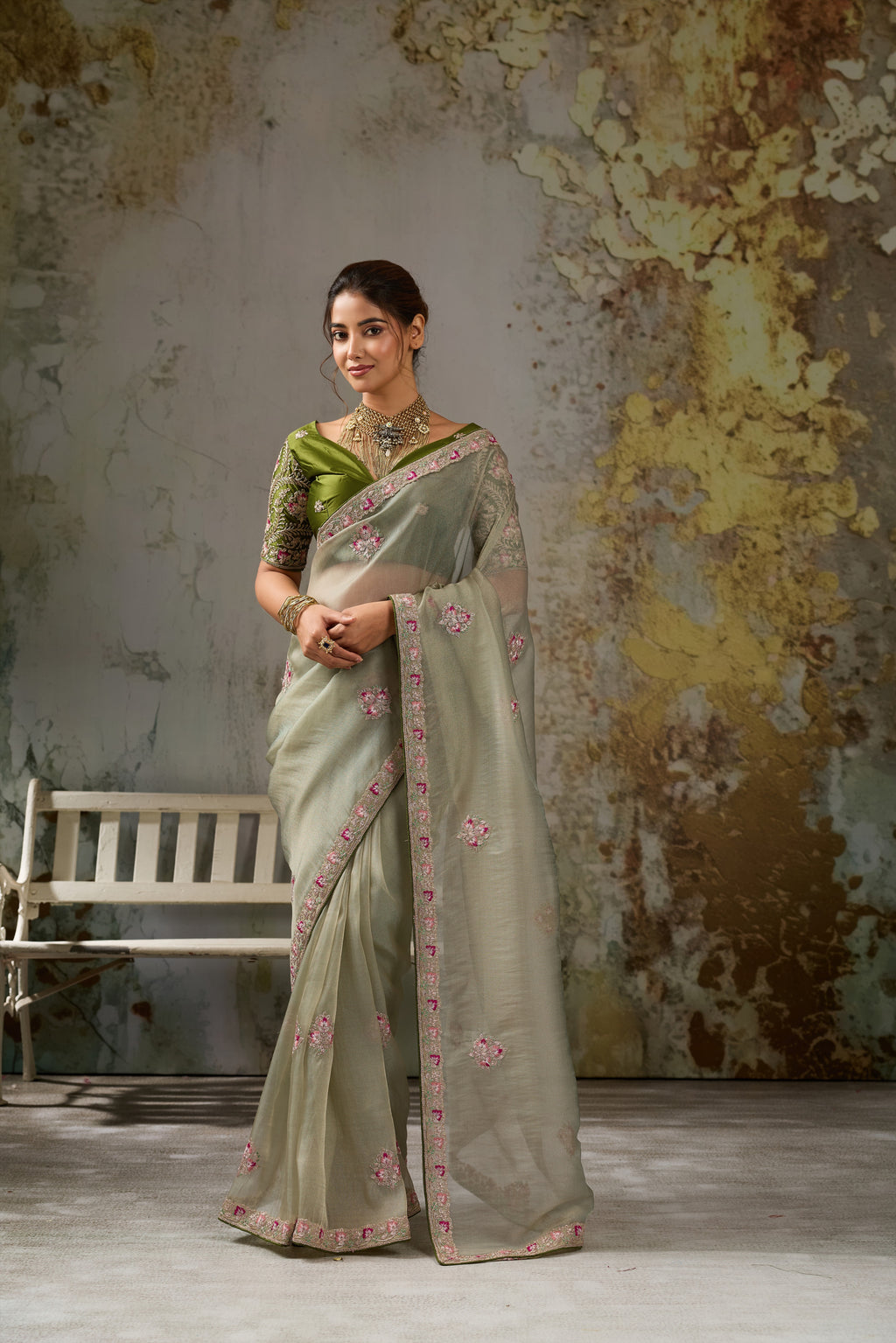 Nayoora Sage Green Metallic Tissue Pita Zari Embroidered Saree