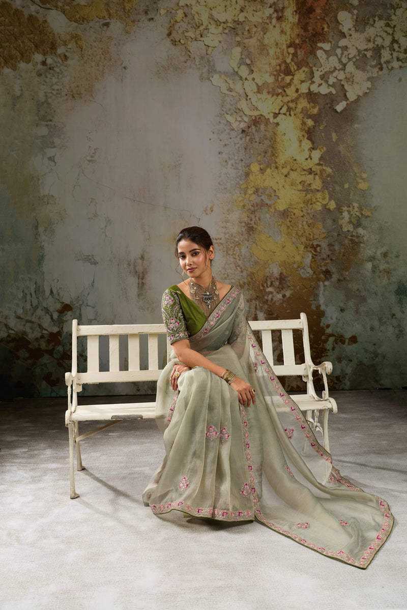 Nayoora Sage Green Metallic Tissue Pita Zari Embroidered Saree