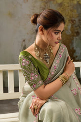 Nayoora Sage Green Metallic Tissue Pita Zari Embroidered Saree