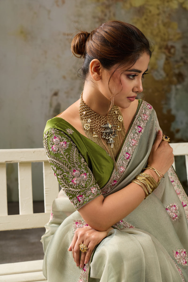 Nayoora Sage Green Metallic Tissue Pita Zari Embroidered Saree