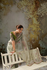 Nayoora Sage Green Metallic Tissue Pita Zari Embroidered Saree