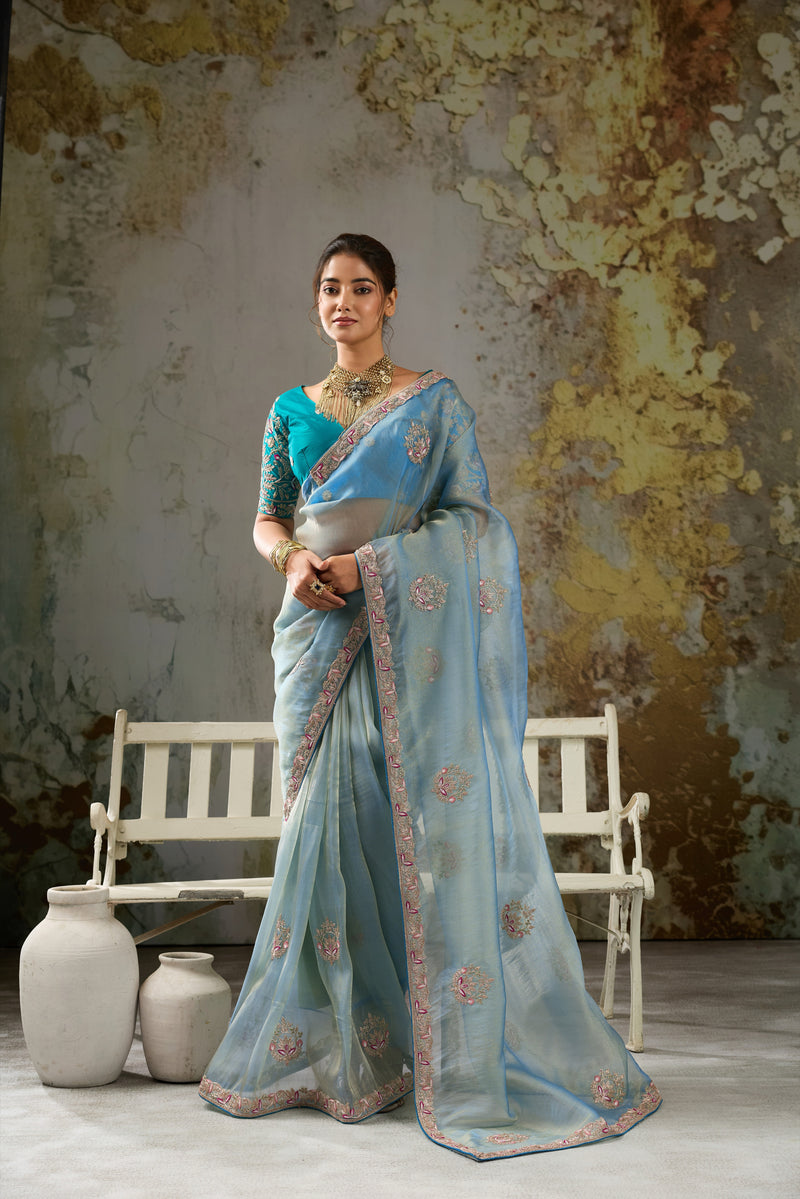 Nayoora Powder Blue Metallic Tissue Pita Zari Embroidered Saree