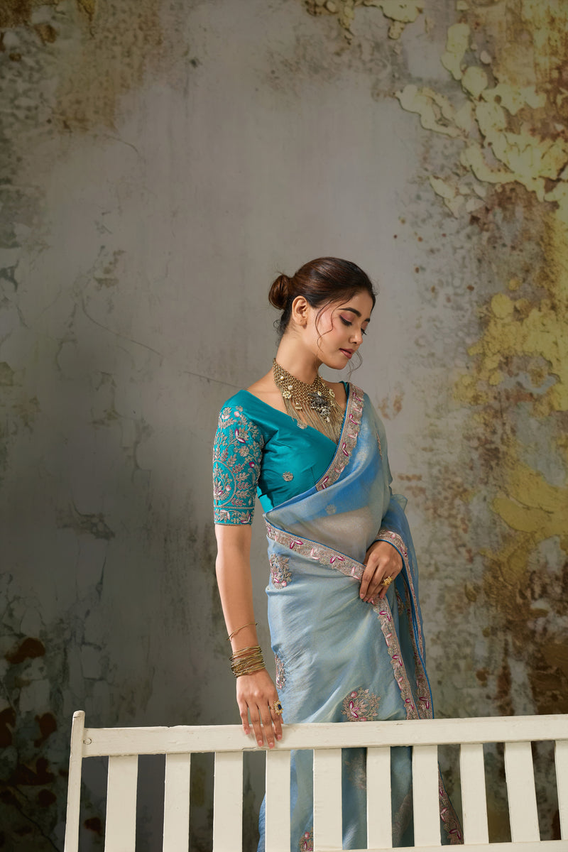 Nayoora Powder Blue Metallic Tissue Pita Zari Embroidered Saree