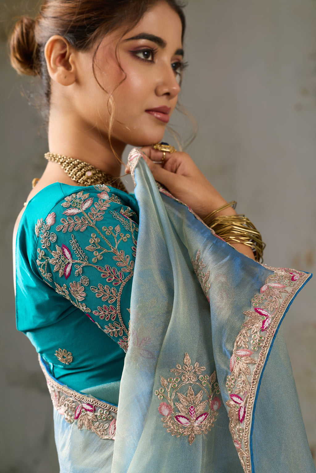 Nayoora Powder Blue Metallic Tissue Pita Zari Embroidered Saree