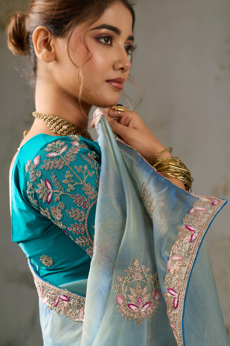 Nayoora Powder Blue Metallic Tissue Pita Zari Embroidered Saree