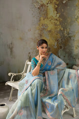 Nayoora Powder Blue Metallic Tissue Pita Zari Embroidered Saree