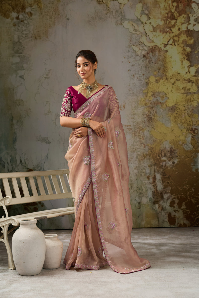 Nayoora Dusty Rose Metallic Tissue Pita Zari Embroidered Saree